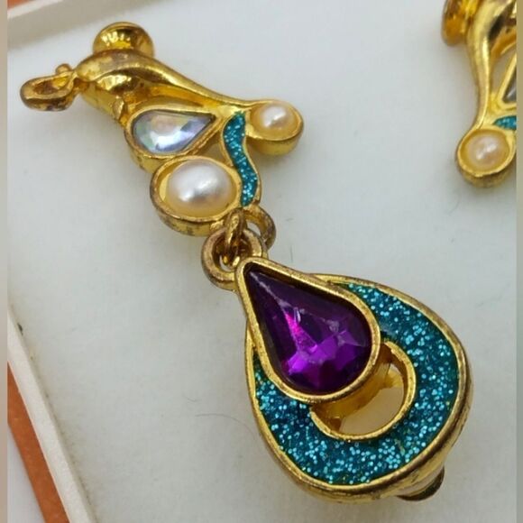 Disney Vintage Jeweled Pearl Clip On Earrings Gold Tone Jewelry Jasmine - Picture 3 of 12